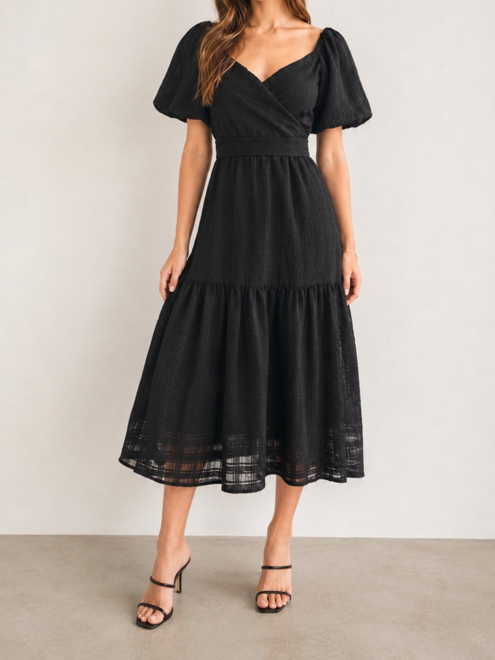 ASTR The Label Black Puff Sleeve Tiered Midi Dress XS